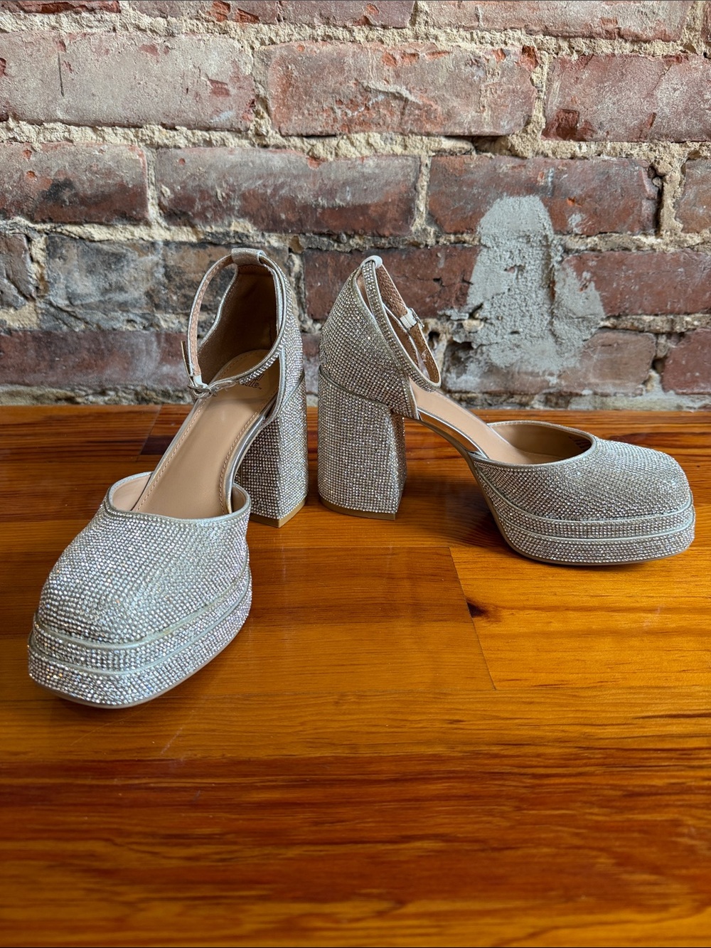 wild fable Silver Rhinestone Platform Block Heels with Ankle Strap